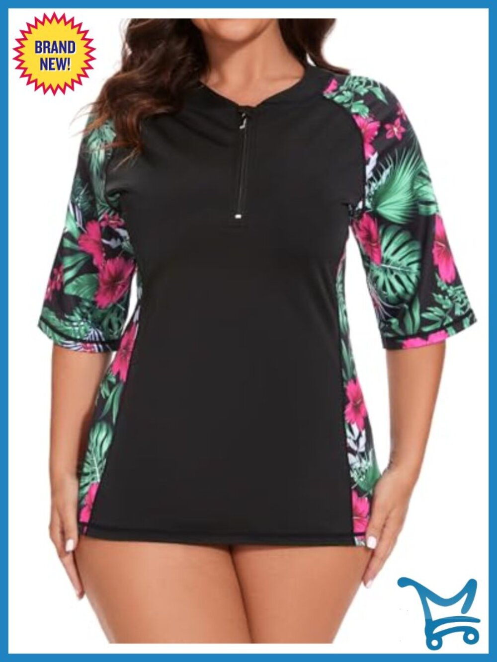 Plus Size Rash Guard Swim Shirt UPF 50+ Sun Protection Half-Zip Short Sleeve